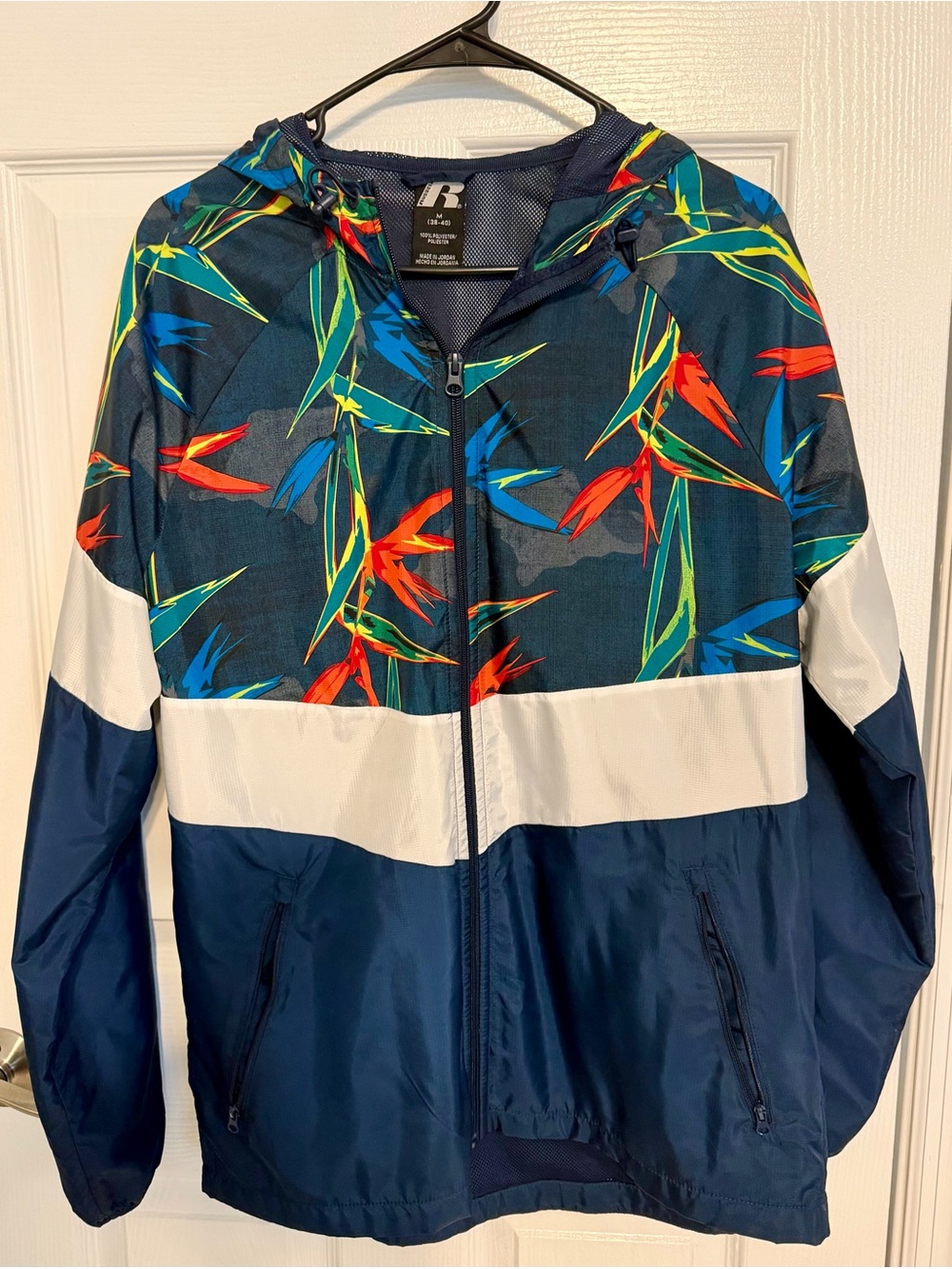 Women’s Russell Blue Tropical Hooded Rain Jacket Sz M